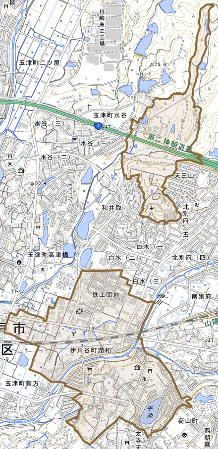 伊川谷町潤和とその周辺の地図。町の範囲を重ねている