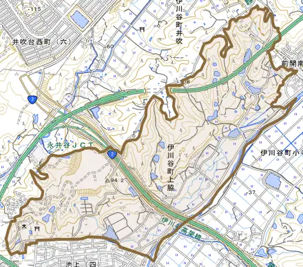伊川谷町上脇とその周辺の地図。町の範囲を重ねている
