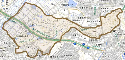 伊川谷町長坂とその周辺の地図。町の範囲を重ねている