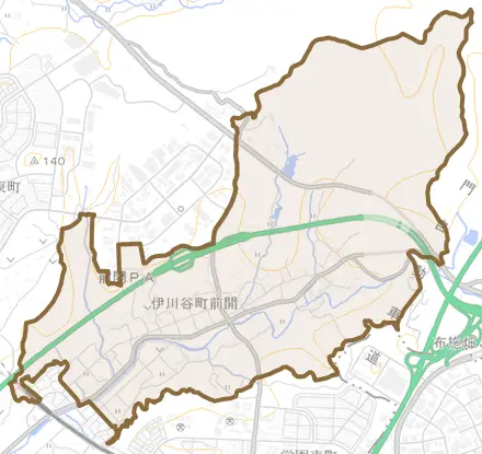 伊川谷町前開とその周辺の地図。町の範囲を重ねている