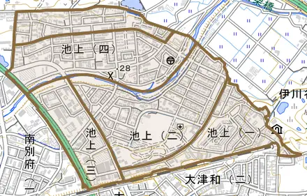 池上とその周辺の地図。町の範囲を重ねている