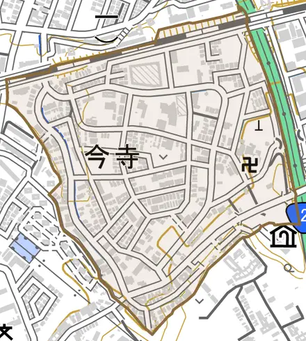 今寺とその周辺の地図。町の範囲を重ねている