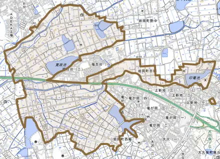 岩岡町古郷とその周辺の地図。町の範囲を重ねている