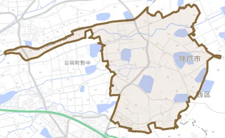 岩岡町岩岡とその周辺の地図。町の範囲を重ねている
