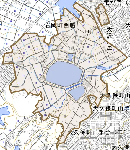 岩岡町西脇とその周辺の地図。町の範囲を重ねている