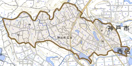 神出町広谷とその周辺の地図。町の範囲を重ねている