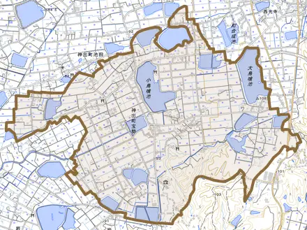 神出町宝勢とその周辺の地図。町の範囲を重ねている