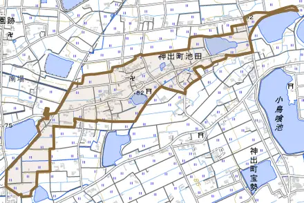 神出町池田とその周辺の地図。町の範囲を重ねている