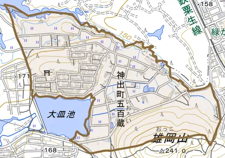 神出町五百蔵とその周辺の地図。町の範囲を重ねている