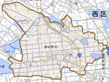神出町北とその周辺の地図。町の範囲を重ねている