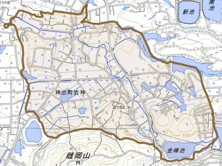 神出町古神とその周辺の地図。町の範囲を重ねている