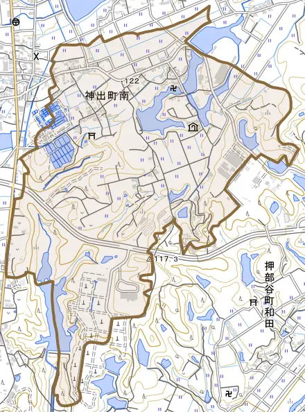神出町南とその周辺の地図。町の範囲を重ねている