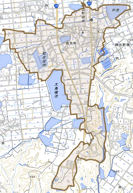 神出町田井とその周辺の地図。町の範囲を重ねている