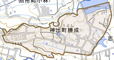 神出町勝成とその周辺の地図。町の範囲を重ねている
