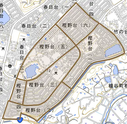 樫野台とその周辺の地図。町の範囲を重ねている