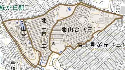 北山台とその周辺の地図。町の範囲を重ねている