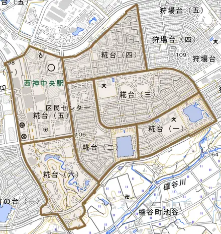 糀台とその周辺の地図。町の範囲を重ねている
