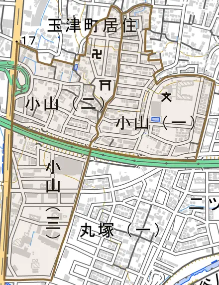 小山とその周辺の地図。町の範囲を重ねている