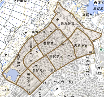 美賀多台とその周辺の地図。町の範囲を重ねている