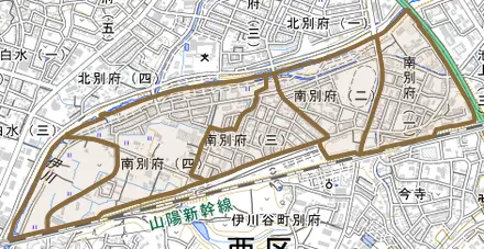 南別府とその周辺の地図。町の範囲を重ねている