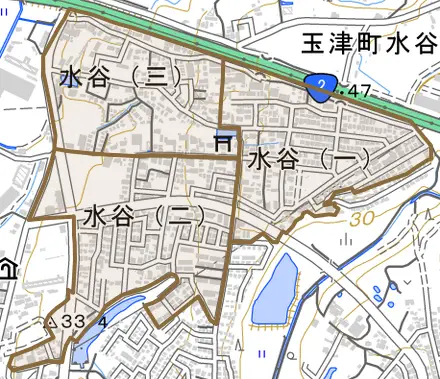 水谷とその周辺の地図。町の範囲を重ねている