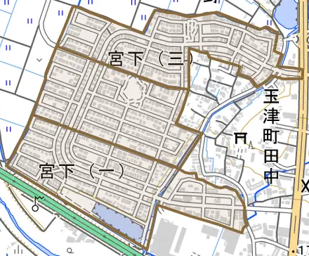 宮下とその周辺の地図。町の範囲を重ねている