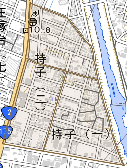 持子とその周辺の地図。町の範囲を重ねている