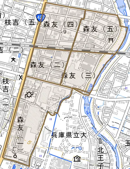 森友とその周辺の地図。町の範囲を重ねている