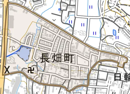 長畑町とその周辺の地図。町の範囲を重ねている