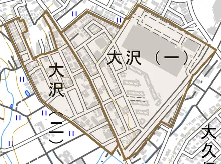 大沢とその周辺の地図。町の範囲を重ねている