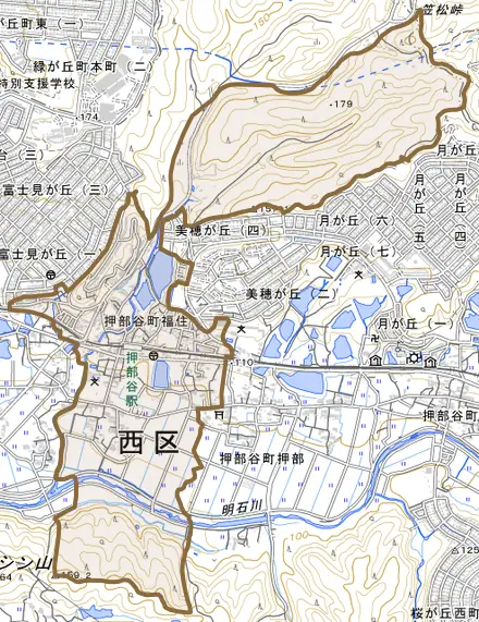 押部谷町福住とその周辺の地図。町の範囲を重ねている
