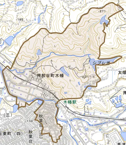 押部谷町木幡とその周辺の地図。町の範囲を重ねている