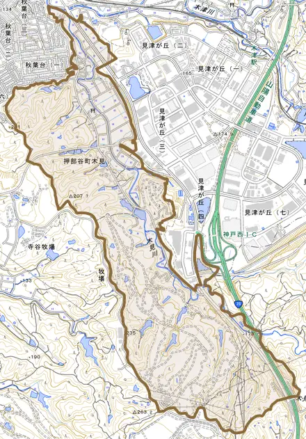 押部谷町木見とその周辺の地図。町の範囲を重ねている