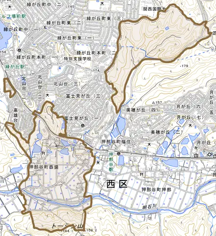 押部谷町西盛とその周辺の地図。町の範囲を重ねている