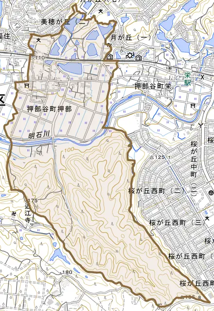 押部谷町押部とその周辺の地図。町の範囲を重ねている