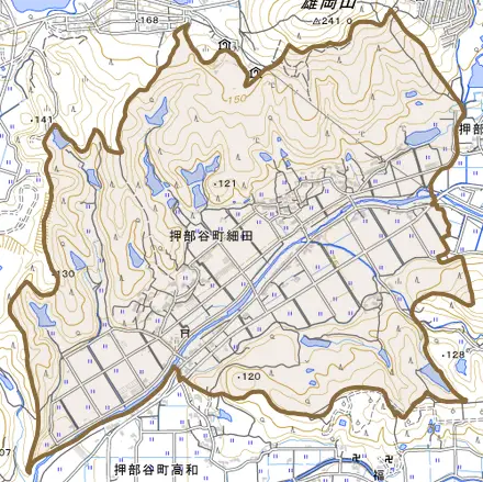 押部谷町細田とその周辺の地図。町の範囲を重ねている
