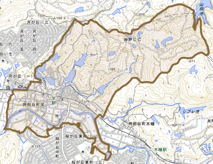 押部谷町栄とその周辺の地図。町の範囲を重ねている