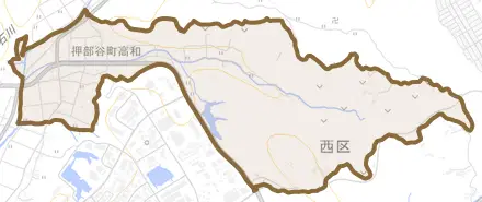 押部谷町高和とその周辺の地図。町の範囲を重ねている