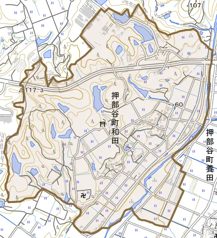 押部谷町和田とその周辺の地図。町の範囲を重ねている