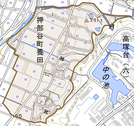 押部谷町養田とその周辺の地図。町の範囲を重ねている