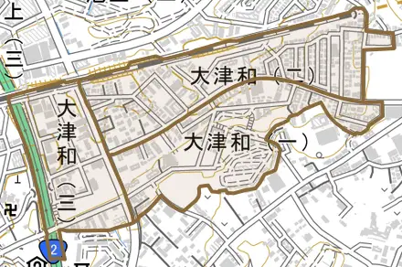 大津和とその周辺の地図。町の範囲を重ねている