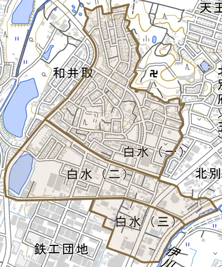 白水とその周辺の地図。町の範囲を重ねている