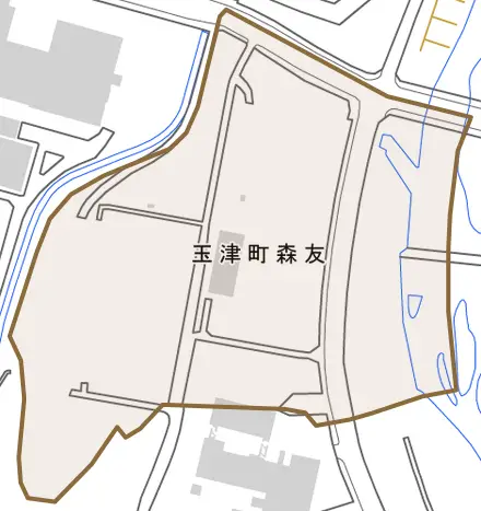 玉津町森友とその周辺の地図。町の範囲を重ねている