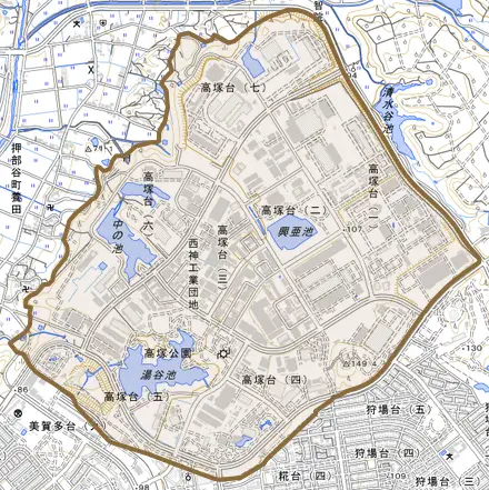 高塚台とその周辺の地図。町の範囲を重ねている
