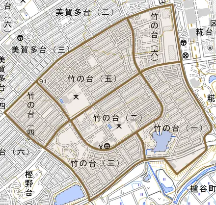 竹の台とその周辺の地図。町の範囲を重ねている