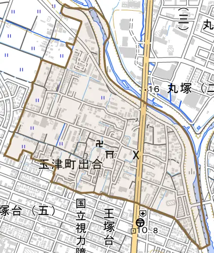 玉津町出合とその周辺の地図。町の範囲を重ねている