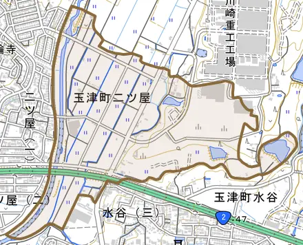 玉津町二ツ屋とその周辺の地図。町の範囲を重ねている