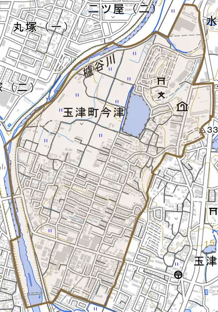 玉津町今津とその周辺の地図。町の範囲を重ねている