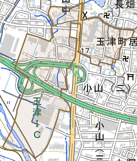 玉津町居住とその周辺の地図。町の範囲を重ねている