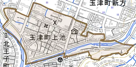 玉津町上池とその周辺の地図。町の範囲を重ねている